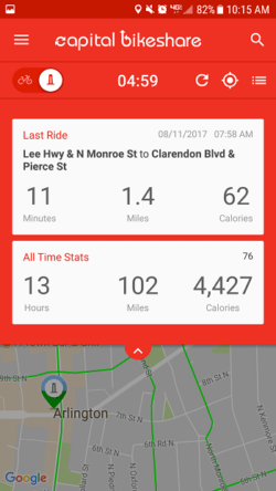 Screenshot of new Capital Bikeshare App, displaying data from the last completed trip and a timer tracking the current ride