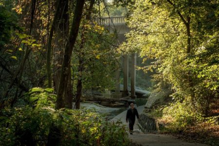 A man meanders on a paved trail amid lush greenery bathed with soft autumn light.