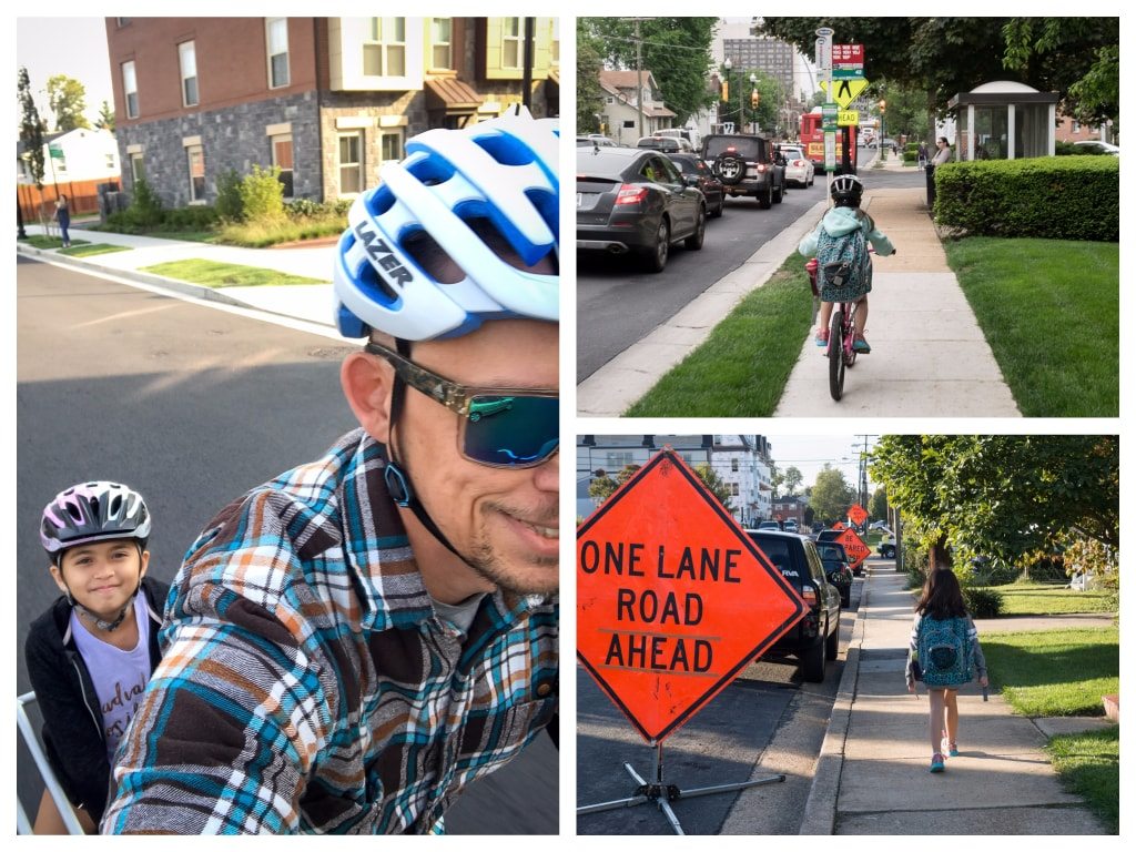 A collage of three photos: Chris and his daughter smiling on the cargo bike, his daughter riding ahead of him on the sidewalk, and another of her walking on the sidewalk.
