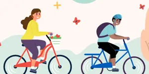 stylized preview banner of two cartoon characters riding bikes on a bike trail