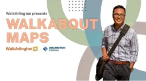 a graphic of a man with a shoulder bag walking with text at the top left that reads: walkabout maps