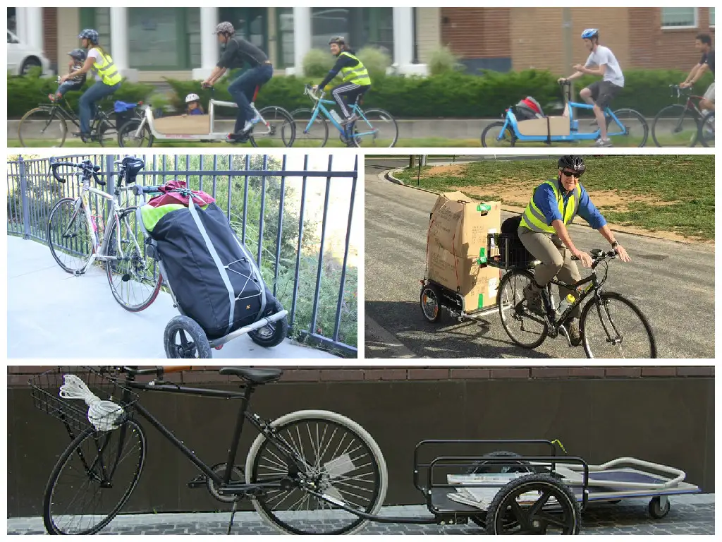 a photo collage of cyclists transporting large amounts of miscellaneous items