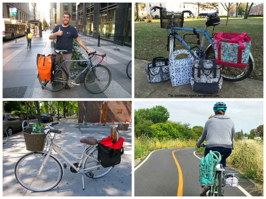 a photo collage of cyclists transporting medium amounts of miscellaneous items