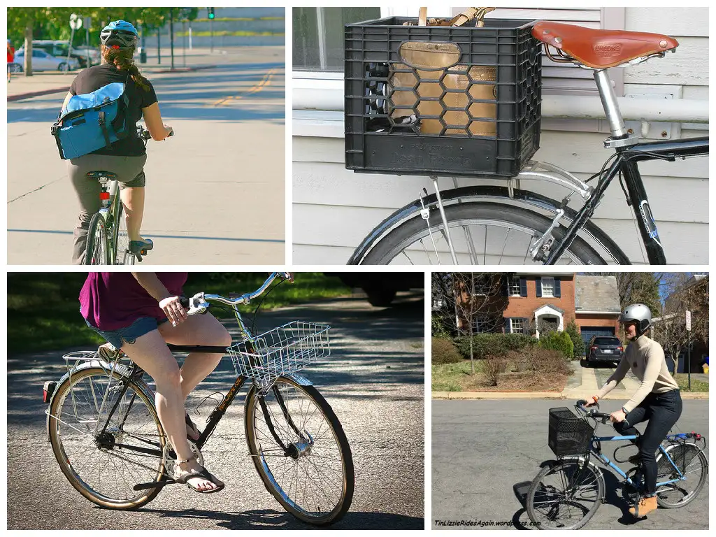 a photo collage of cyclists transporting small amounts of miscellaneous items