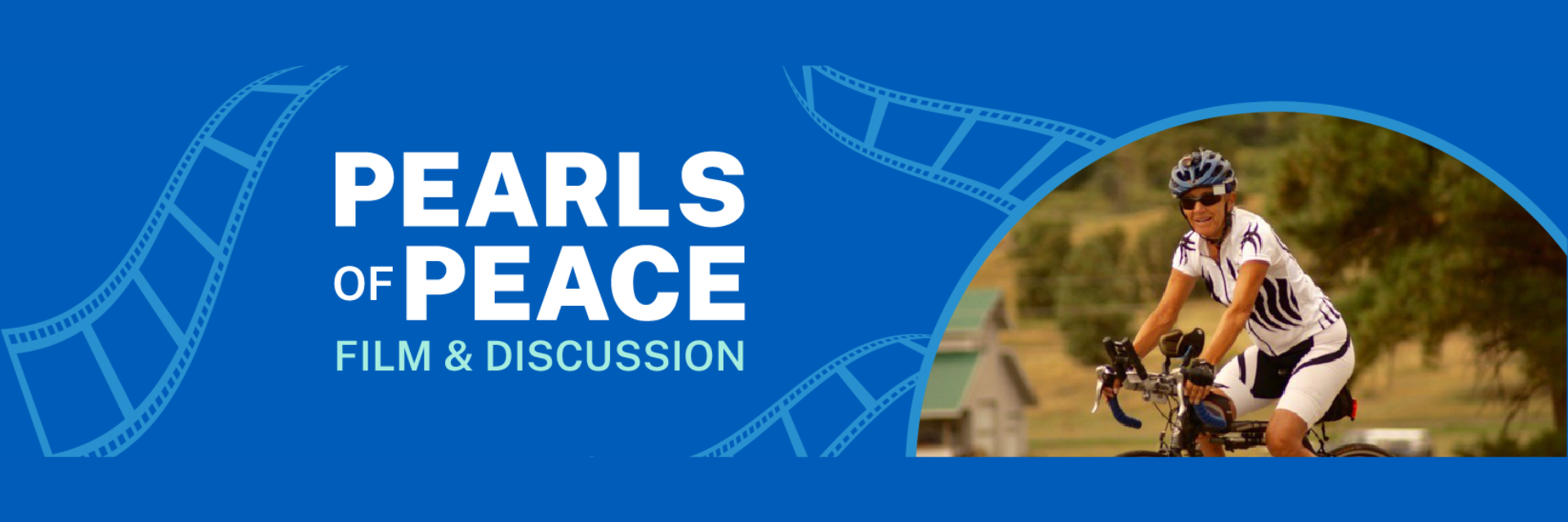 A woman riding a bicycle and the title of a film, Pearls of Peace