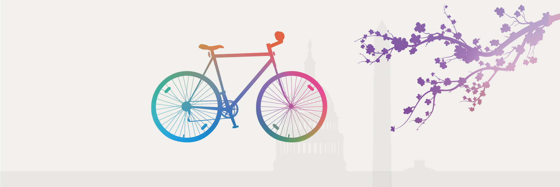 Stencil graphic of cheery blossom tree branches with a rainbow colored bicycle with DC places of interest for bike to work day 2026 on Friday May 2026