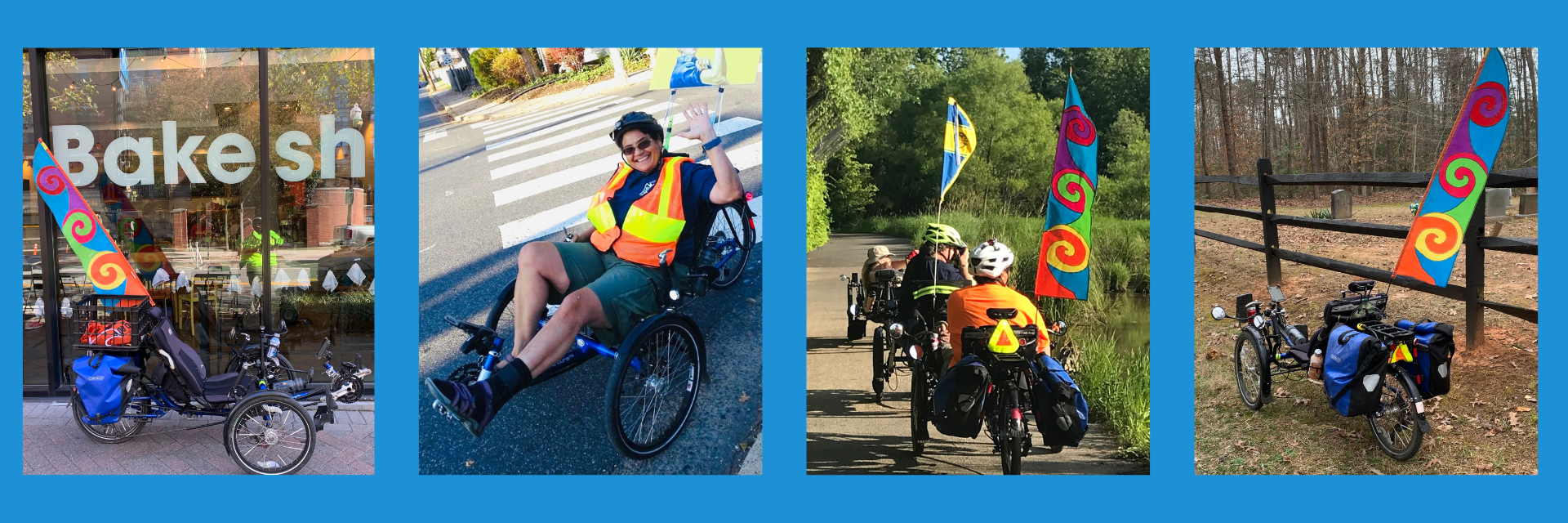 A woman on a tadpole (recumbent trike).
